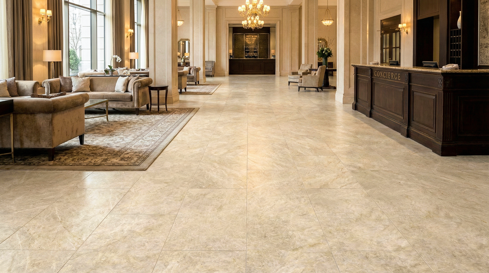 A grand hotel lobby featuring large-format beige matte tiles with soft, tonal veining. The warm, sandy-colored flooring complements the classic architecture, velvet sofas, and a dark wood concierge desk.