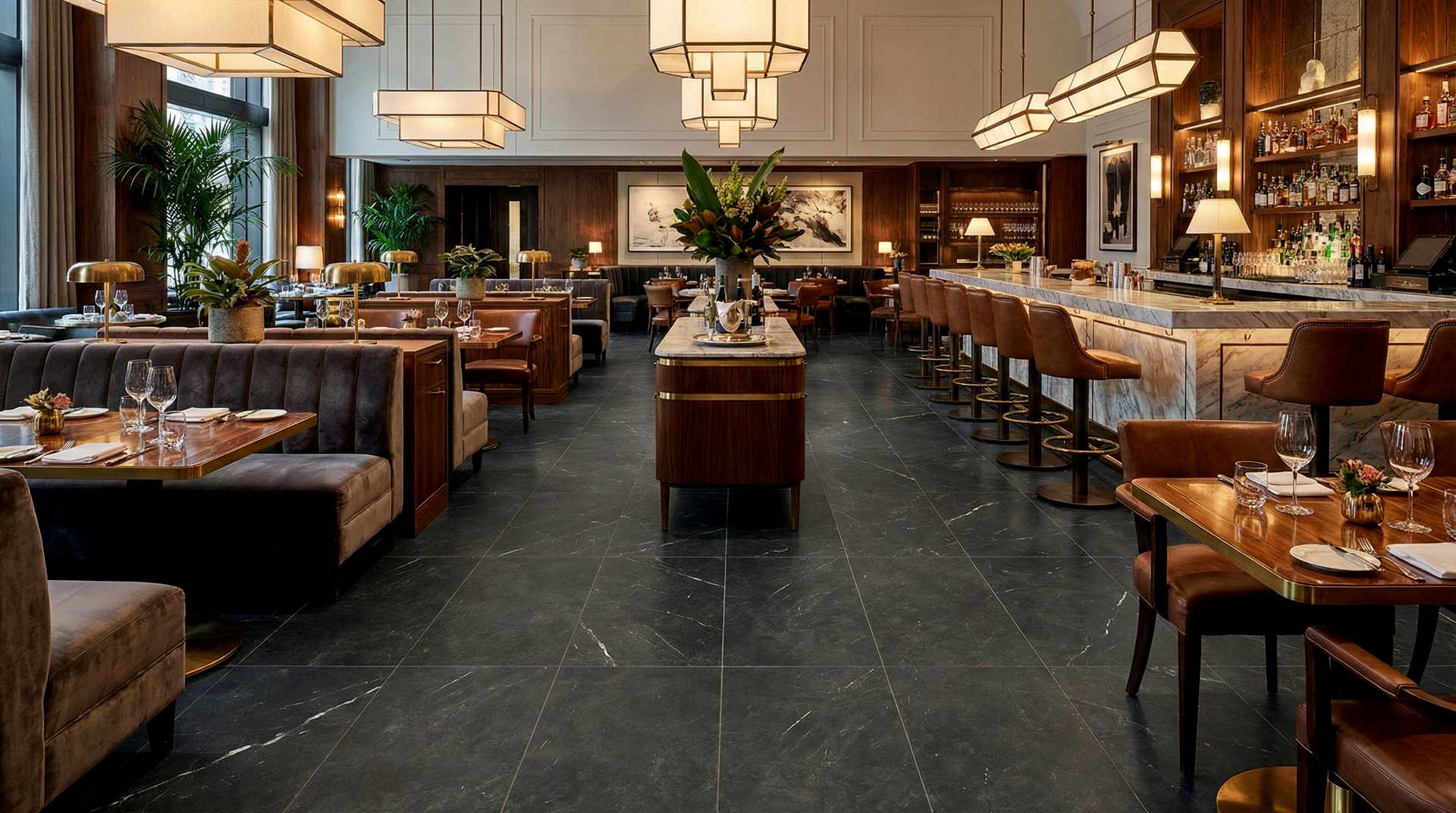 An elegant, moodily lit restaurant with dark graphite matte floor tiles. The deep charcoal tiles feature delicate white veining, providing a sophisticated foundation for the leather booths, marble bar, and warm ambient lighting.