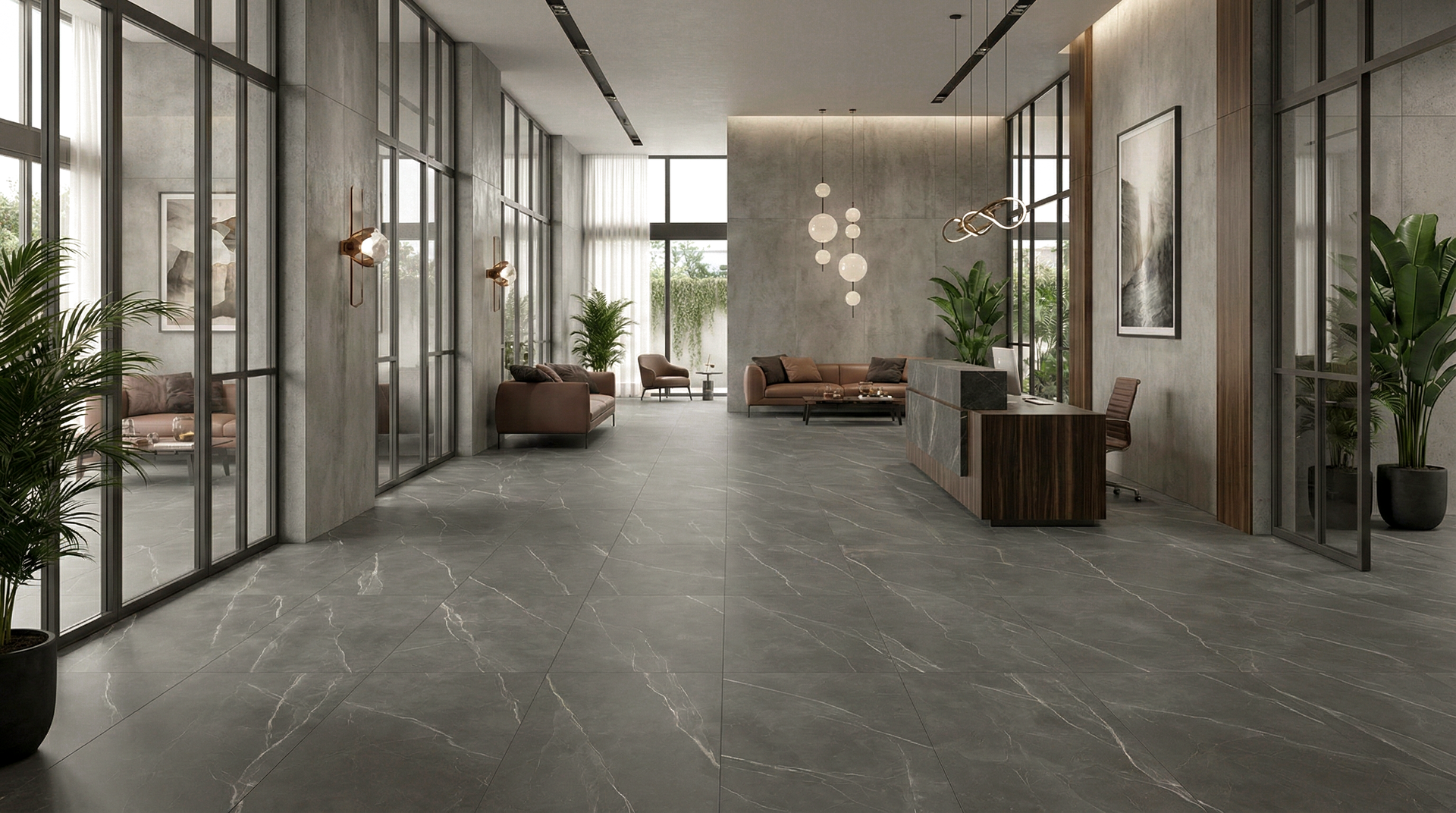 A contemporary, minimalist office or residential lounge with mid-toned grey matte porcelain tiles. The floor features subtle, organic stone patterns that flow through the open space, accented by industrial glass partitions and concrete-textured walls.
