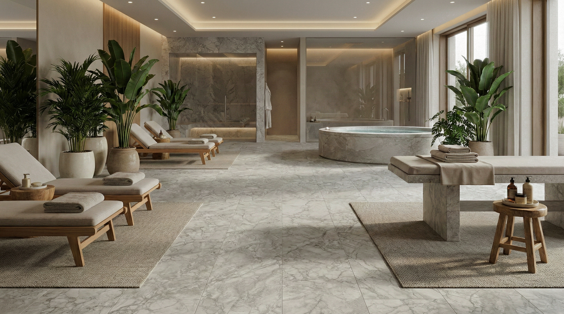 A serene luxury spa and pool area showcasing silver matte marble-effect tiles. The cool grey and white veined tiles cover the expansive floor, harmonizing with natural wood loungers, indoor greenery, and stone massage tables.