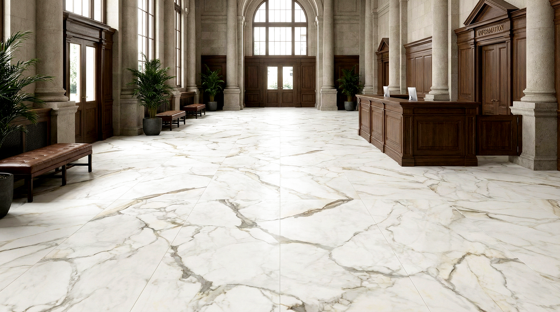 A stately, high-ceilinged hall or gallery featuring white matte tiles with bold, dramatic grey and gold veining. The classic marble look creates a bright, prestigious atmosphere alongside dark wood paneling and tall arched windows.