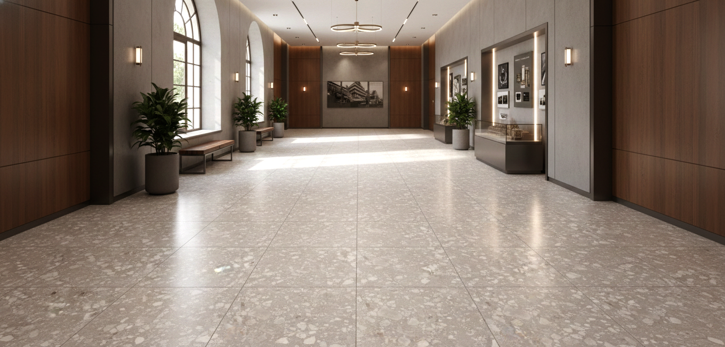 Large-format Shards Dawn porcelain floor tiles in a warm grey terrazzo style installed in a spacious modern lobby with arched windows, wooden wall paneling, and natural sunlight reflecting off a matte-honed surface.