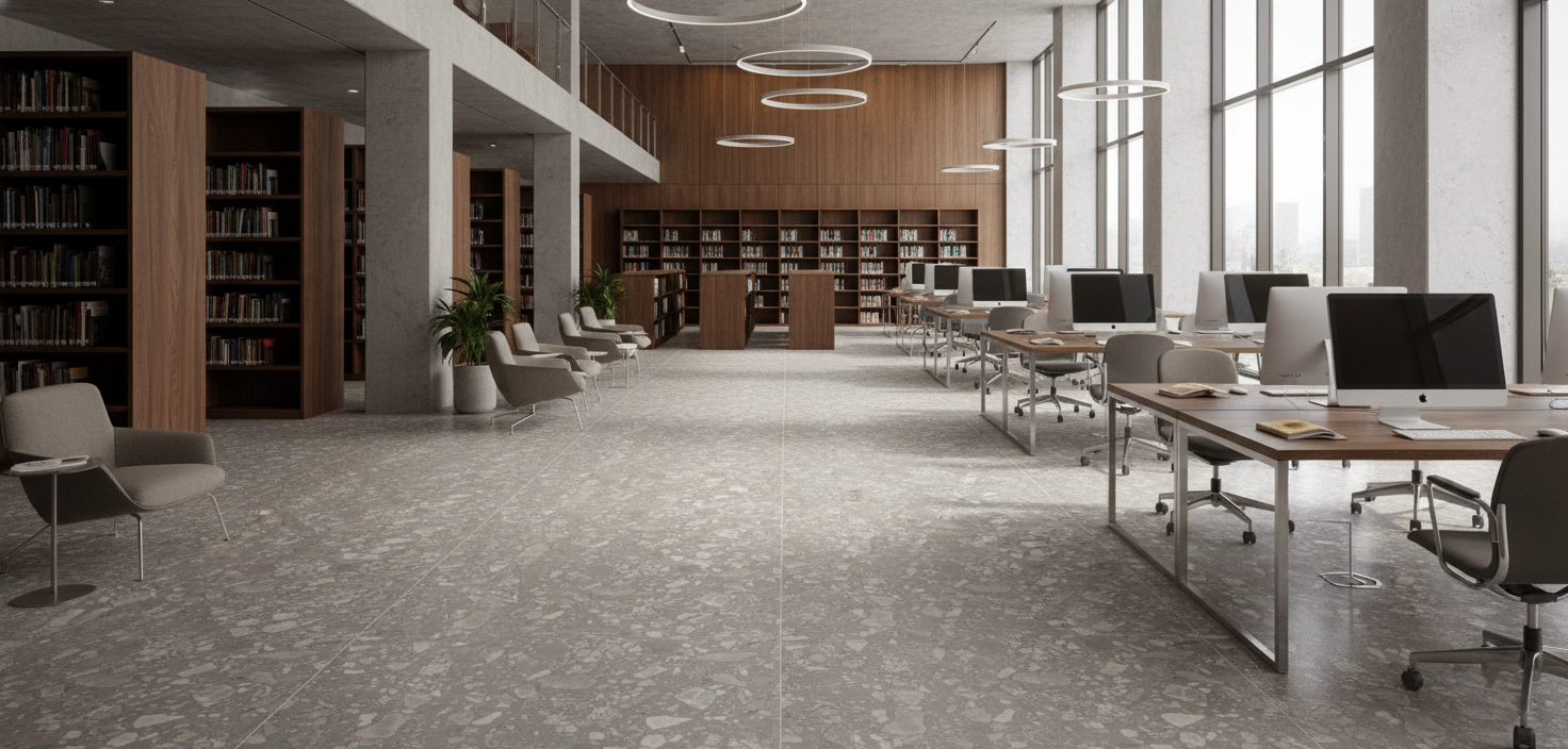 Architectural rendering of Shards Dusk mid-grey terrazzo-effect porcelain flooring in a contemporary library and co-working space featuring floor-to-ceiling windows, wooden bookshelves, and minimalist furniture.