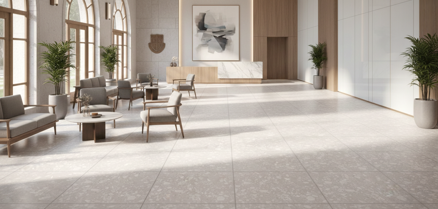 Bright and airy reception area featuring Shards Noon light-toned terrazzo-look porcelain tile flooring, emphasizing a clean, minimalist design with high-contrast shadows and a sophisticated commercial feel.
