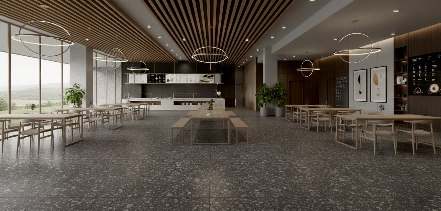 Deep charcoal Shards Night porcelain floor tiles with light-colored aggregate "shards" in a high-end cafe setting, featuring a slatted wood ceiling, warm pendant lighting, and a professional commercial aesthetic.