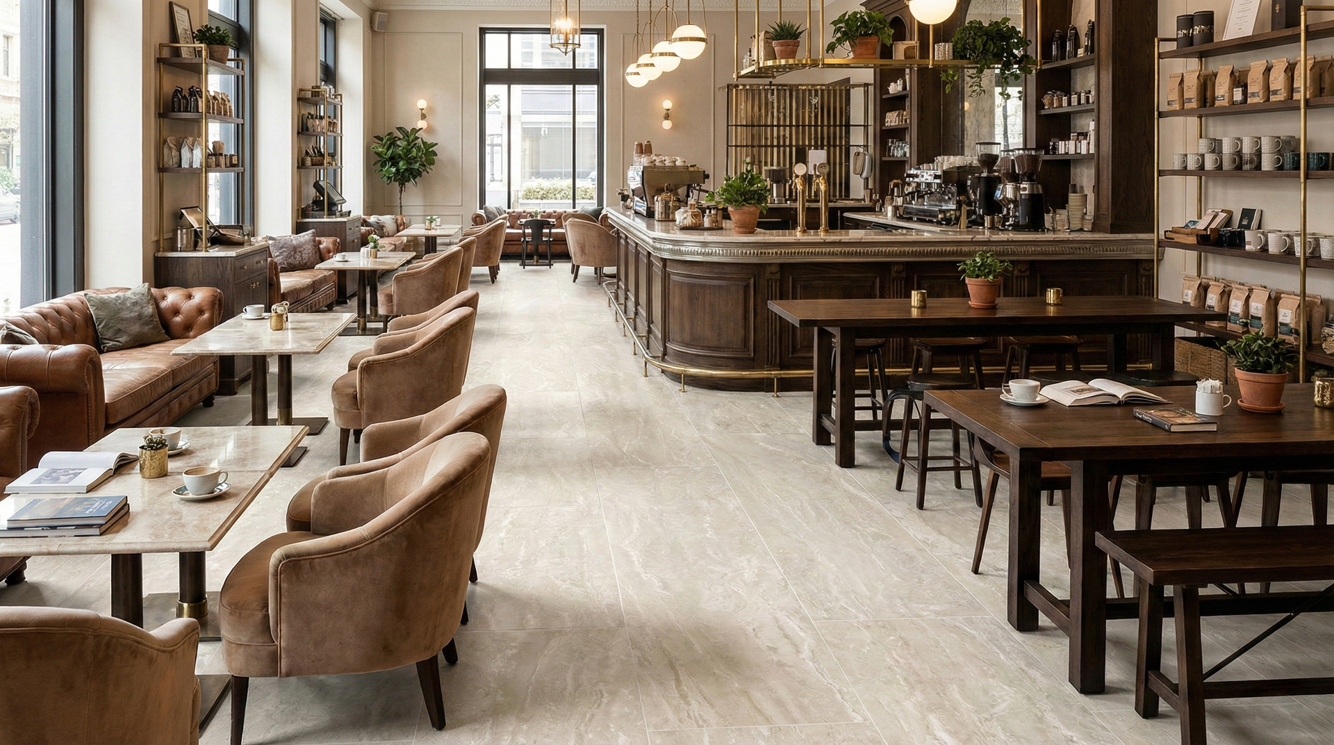 A cozy, high-end café with ivory matte floor tiles. The light, creamy tiles have soft linear movement, brightening the space and contrasting beautifully with the dark wood furniture and tan leather seating.