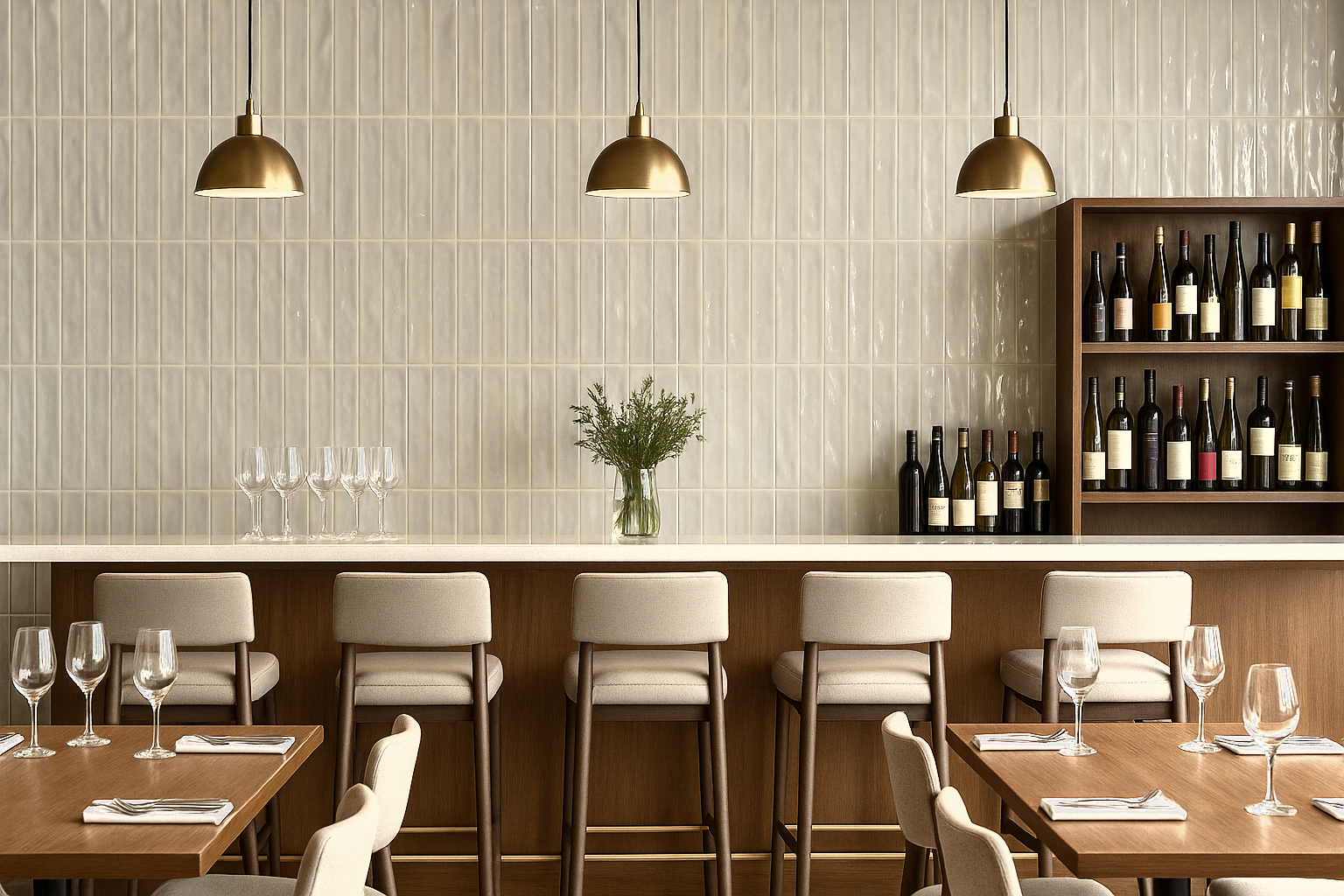 A chic restaurant bar area featuring shimmering off-white/smoke-colored tiles installed vertically. The space includes a long white counter, light wood bar stools with upholstered seats, and a built-in wine rack against a backdrop of warm brass pendant lighting.