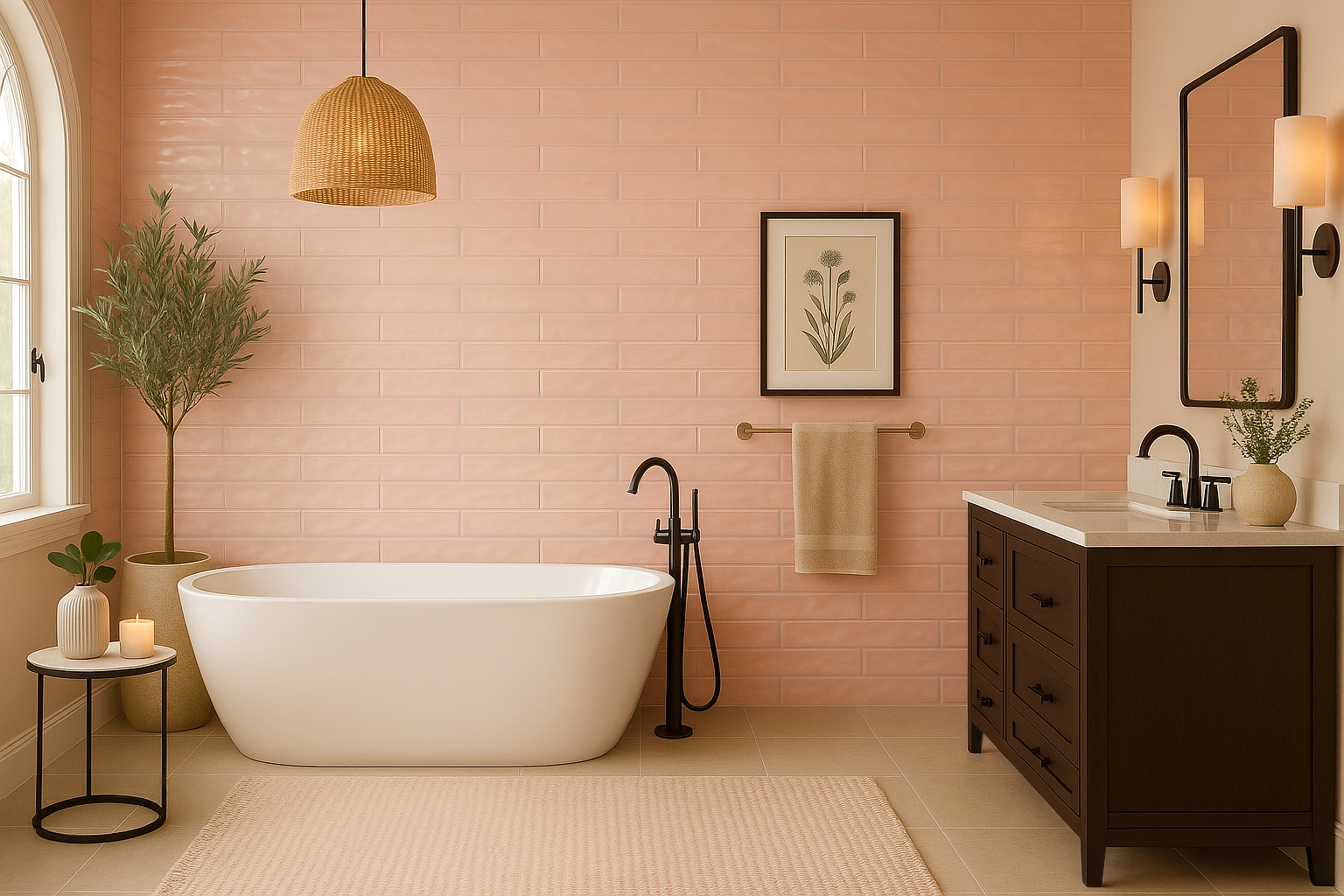 A warm, contemporary bathroom featuring soft salmon-pink subway tiles across a large accent wall. The space includes a white soaking tub, a dark wood vanity with a white stone top, matte black fixtures, and natural accents like a woven pendant light and a tall potted olive tree.