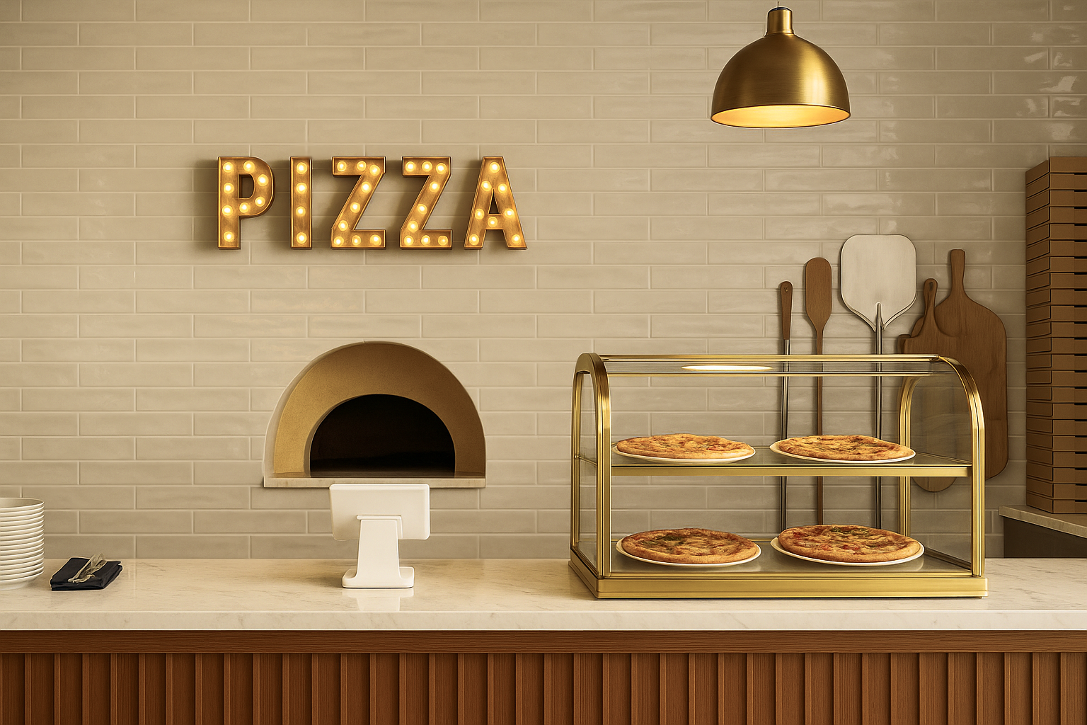 A commercial pizza shop interior with light grey/beige subway tiles behind the counter. The focal point is a built-in pizza oven, highlighted by a glowing "PIZZA" marquee sign, brass accents, and a glass display case for fresh pies.