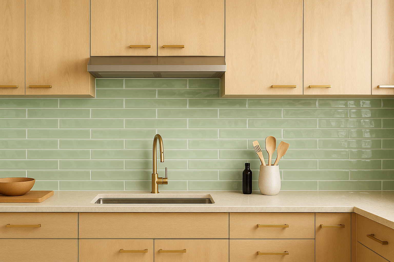 A fresh, organic-style kitchen featuring sage green subway tiles as a full-height backsplash. The tiles are paired with light natural wood cabinetry, gold handle pulls, and a brushed gold faucet over a white countertop.