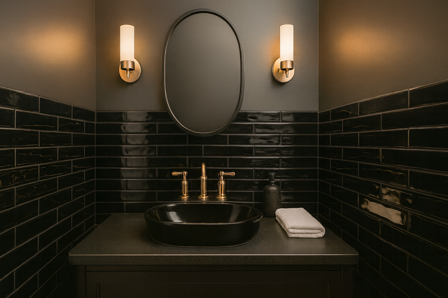 A moody, sophisticated powder room featuring high-gloss black subway tiles installed in a horizontal running bond pattern. The dark walls are accented by a black oval mirror, a modern black vessel sink on a dark stone countertop, and warm brass fixtures with glowing cylindrical wall sconces.