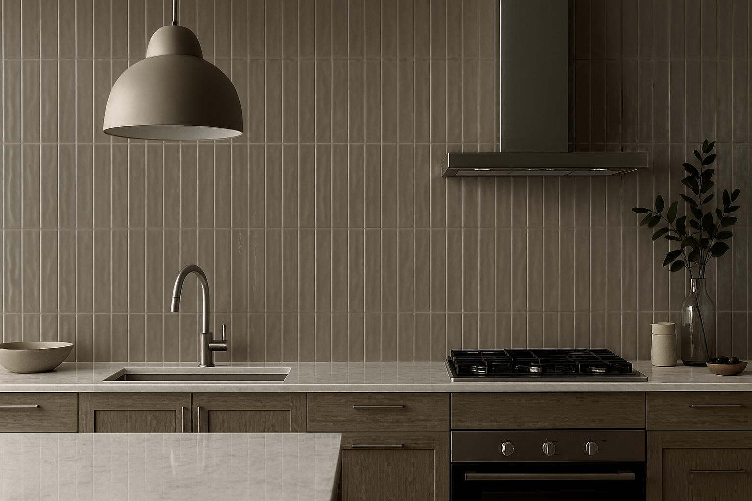 A sleek, modern kitchen with matte dark grey/taupe vertical stack-bond tiles. The monochromatic look is paired with minimalist wood cabinetry, a light marble countertop, a large dome pendant light, and stainless steel appliances.