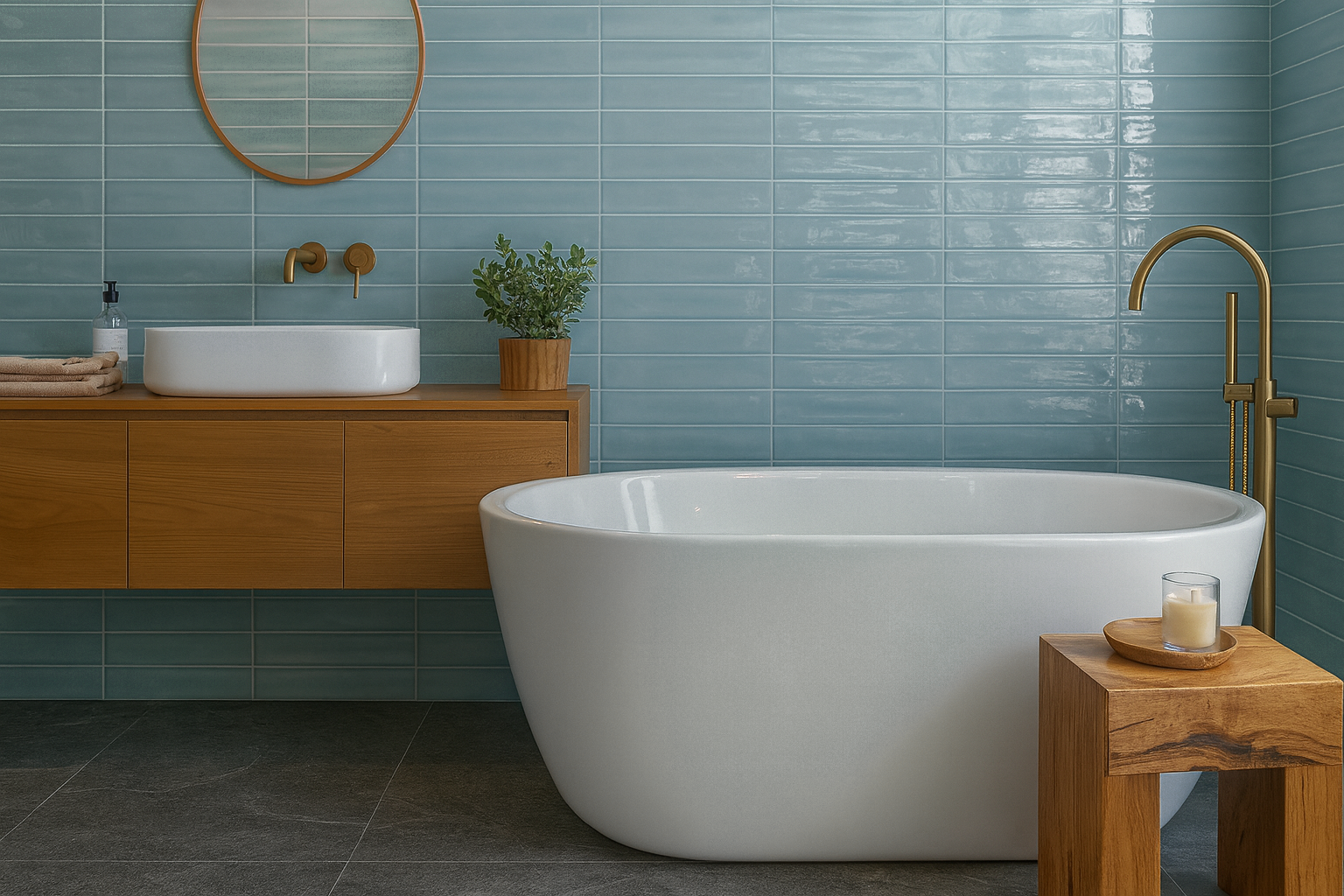 A bright, spa-like bathroom showcasing elongated light blue subway tiles with a subtle ripple texture. A white freestanding bathtub sits on dark grey floor tiles, complemented by a light wood floating vanity, gold hardware, and a round wood-framed mirror.